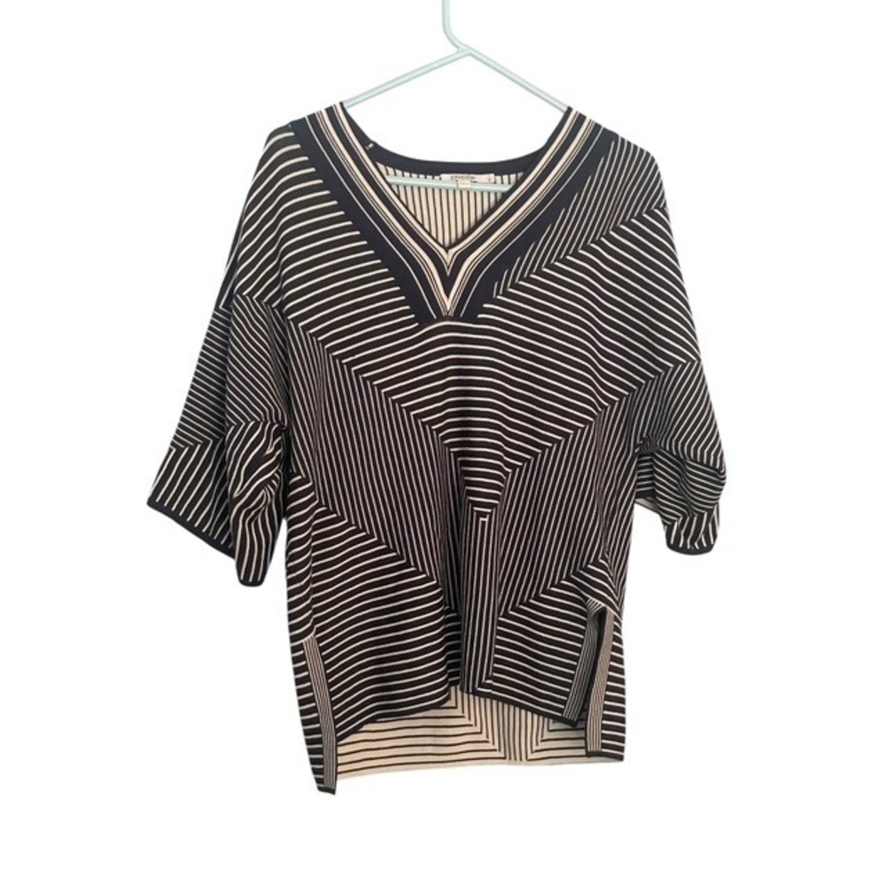 Chico's Striped V Neck Tunic Top Geometric Pattern Women's Size M Navy/white